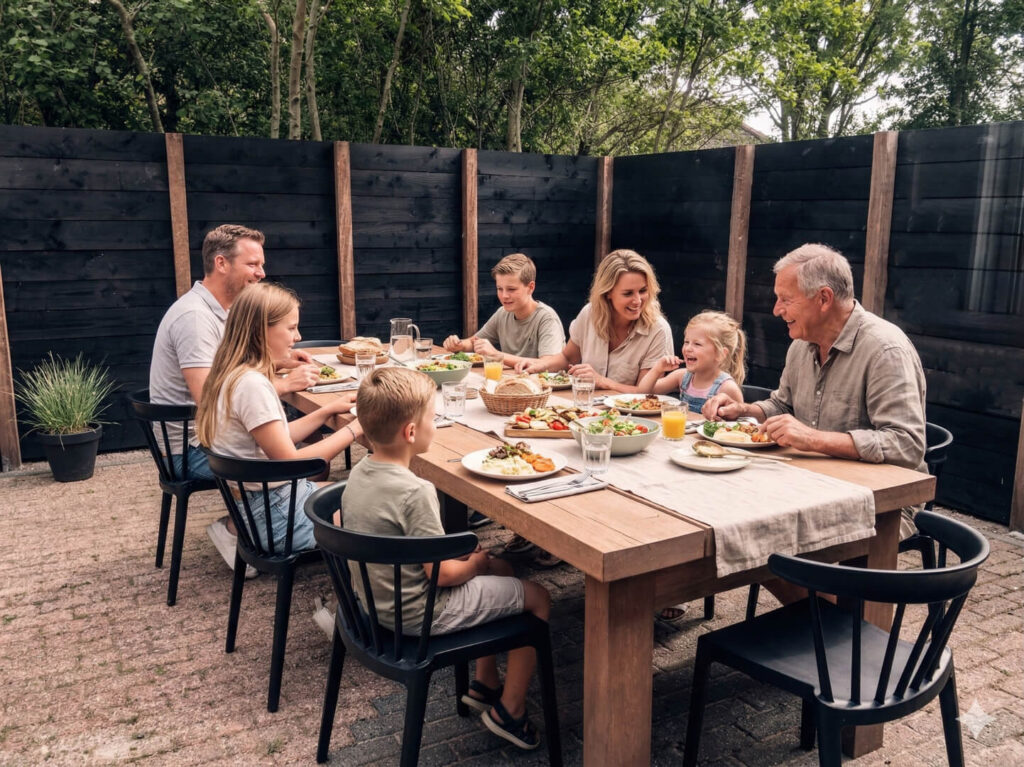 farm-lodge-de-muy-buiten-eten-met-familie familie eet buiten aan tafel van farm lodge de muy